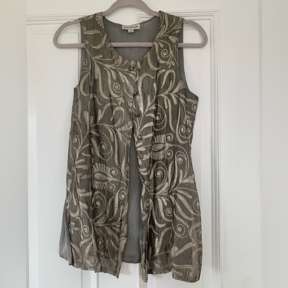 Ann Taylor Gray Asymmetrical Tie Front Blouse